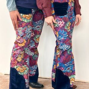 Vtg. 70s ‘Rousers’ Blue Velvet Western Style Floral Print Flare Jeans